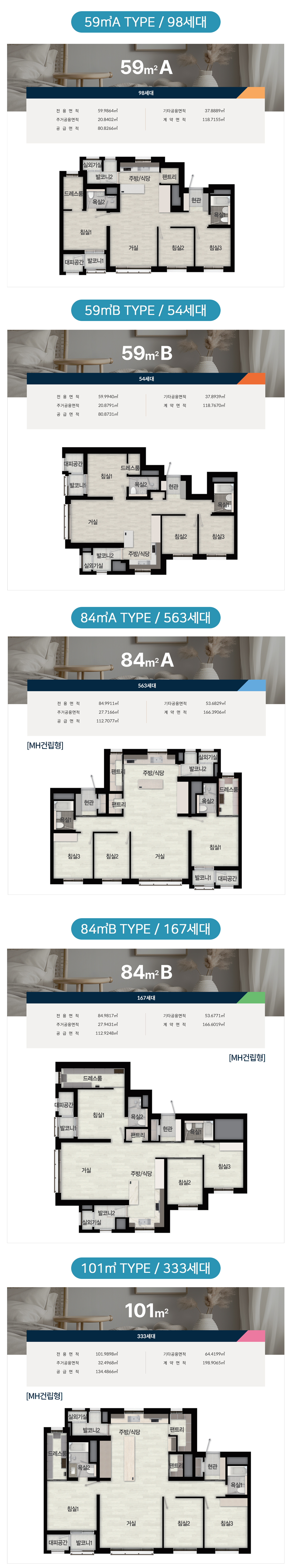 평택브레인시티푸르지오대표번호 1544-3233 84A 타입 평면도 4Bay 판상형 구조 및 침실 거실 주방 드레스룸 구조 안내